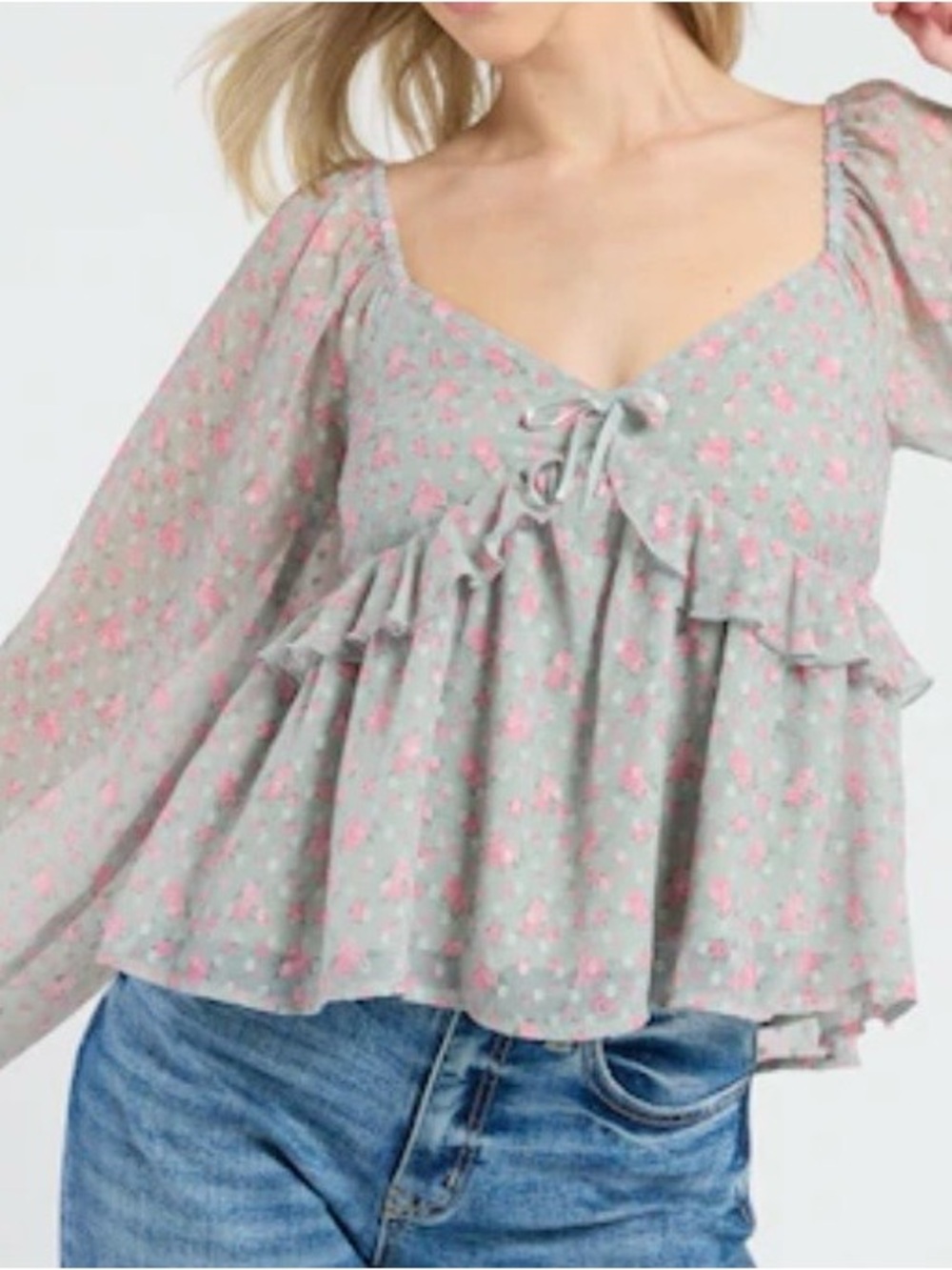 Lace-Up Ruffle Peasant Blouse - Gray with Pink Floral